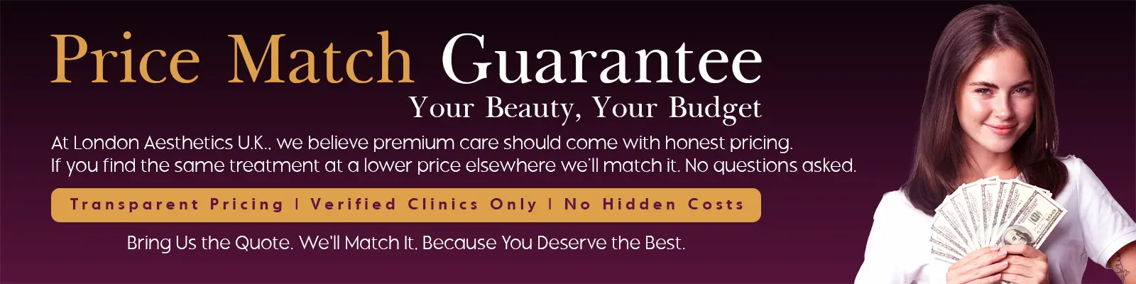 London Aesthetics U.K. Price Match Guarantee seal for aesthetic treatments in Lahore and Islamabad.