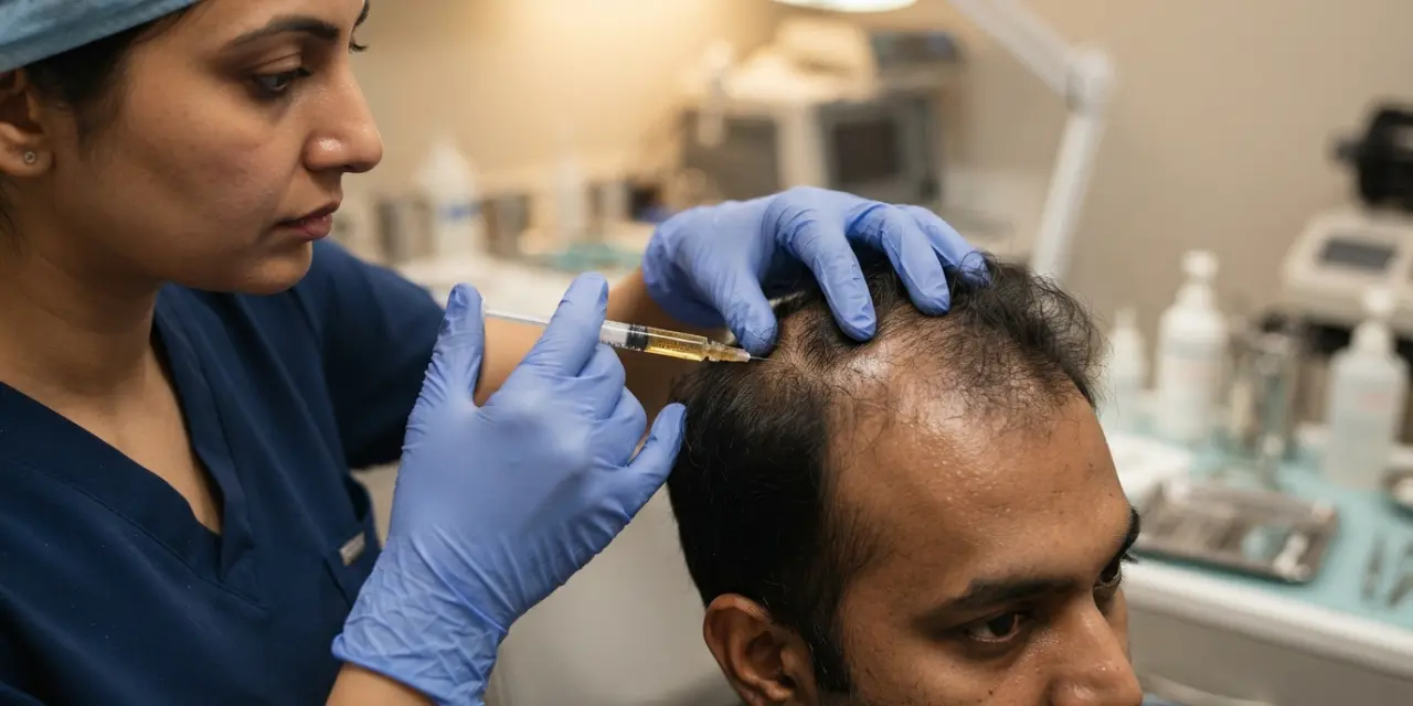Doctor performing exosome therapy for hair loss on a patient's scalp in Islamabad