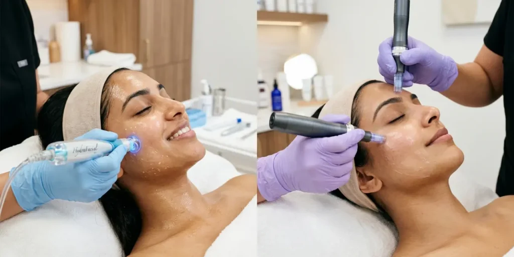 HydraFacial and microneedling treatments compared side by side at Lahore skin clinic
