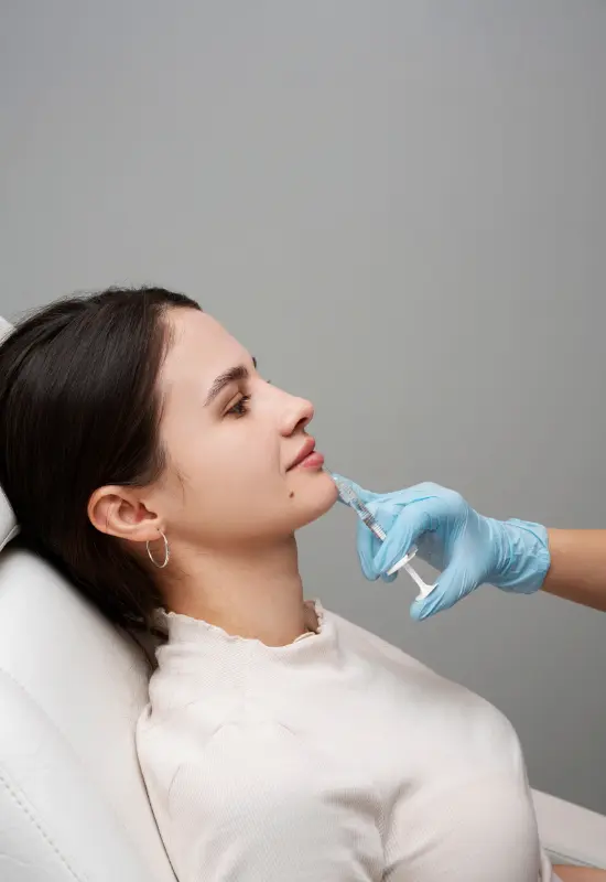 Woman receiving lip filler treatment in Lahore